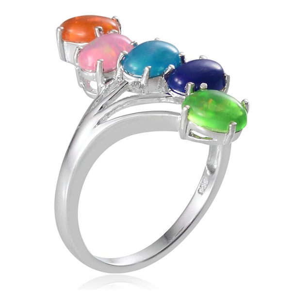 Green Ethiopian Opal (Ovl), Blue Ethiopian Opal, Paraiba Ethiopian Opal, Orange Ethiopian Opal and Pink Ethiopian Opal Crossover Ring in Platinum Overlay Sterling Silver 2.000 Ct.