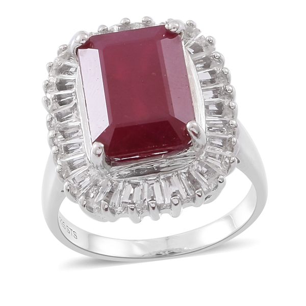 14.25 Ct Rare Size African Ruby and White Topaz Halo Ring in Rhodium Plated Silver 6.20 Grams