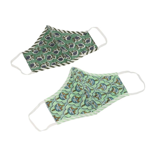 Set of 2 - 100% Cotton Hand Block Printed Reusable Double Layer Face Cover (One Size Fits All) - Dark and Light Green