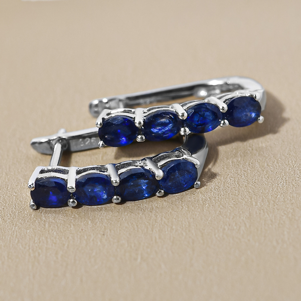 Fissure Filled Blue Sapphire (FF) Hoop Earrings in Platinum Overlay Sterling Silver 2.24 Ct.