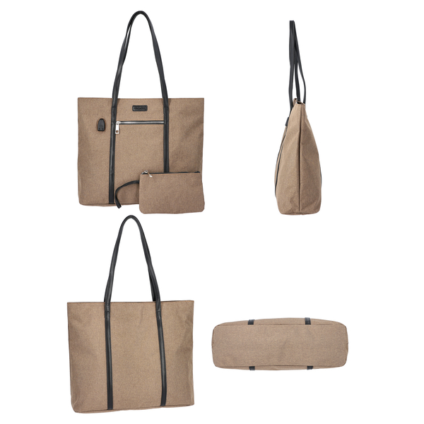 Multi Purpose Zipper Closure Tote Bag (40x13x35cm) with Wristlet (20x12cm) and Power Bank - Tan