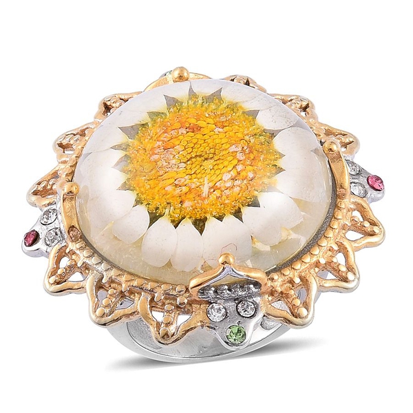 Natural Flower Preserved with Multi Colour Austrian Crystal Ring in ION Plated Gold with Stainless S