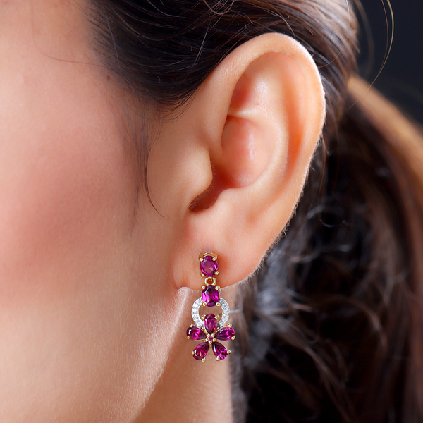 Rhodolite Garnet, Natural Cambodian Zircon Dangling Earrings ( With Push Back) in Yellow Gold Overlay Sterling Silver 4.58 Ct.