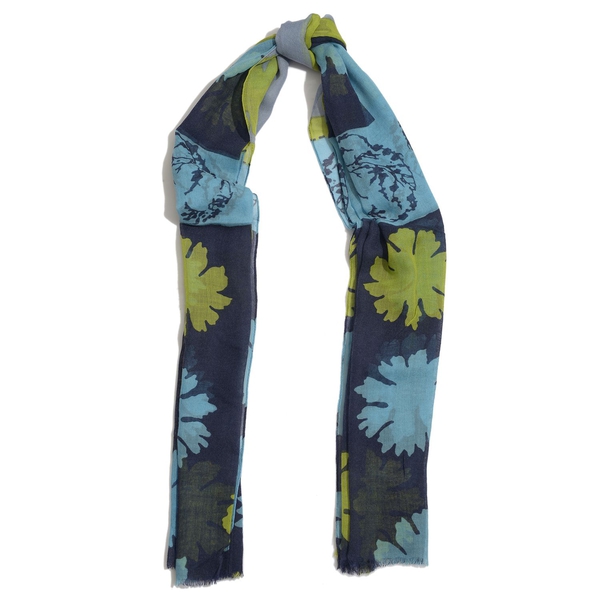 100% Wool Floral Pattern Blue, Turquoise and Multi Colour Scarf (Size 180x100 Cm)