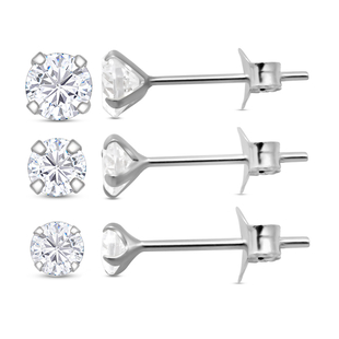 Set of 3 - ELANZA Simulated Diamond Stud Earrings (with Push Back) in Sterling Silver