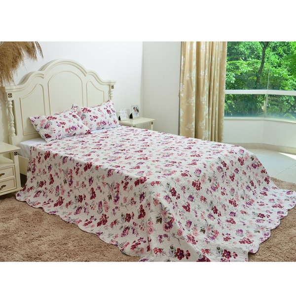 Purple, White and Multi Colour Floral Pattern Quilt (Size 260x240 Cm) with 2 Quilted Pillow Shams (S