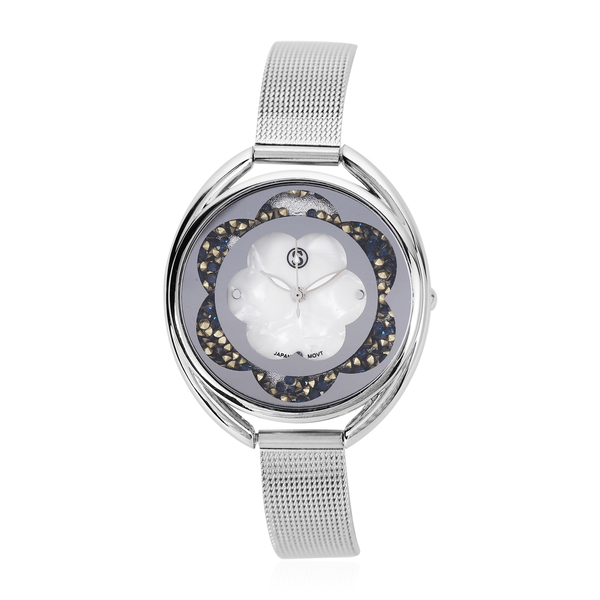 STRADA Japanese Movement White Dial Blue Crystal Studded Water Resistant Watch with Silver Colour Mesh Belt