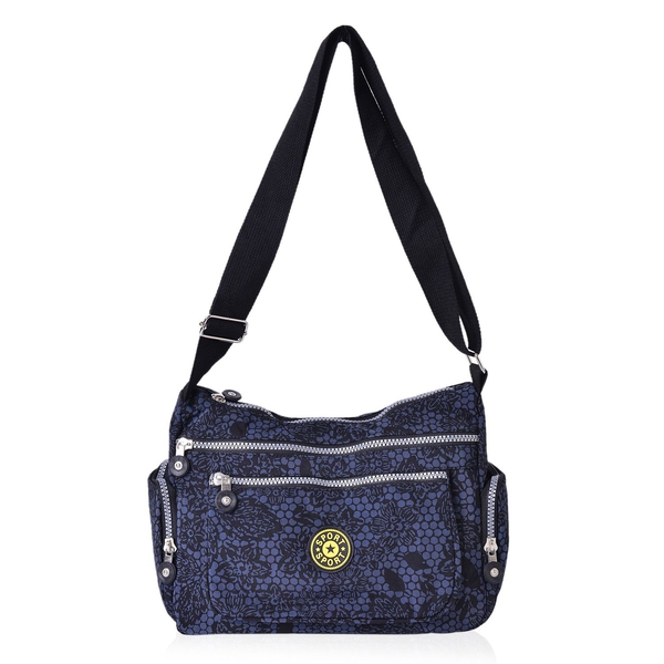 Navy and Black Colour Floral and Polka Dots Pattern Multi Pocket Waterproof Crossbody Bag with Adjustable Shoulder Strap (Size 27.5X20X11 Cm)