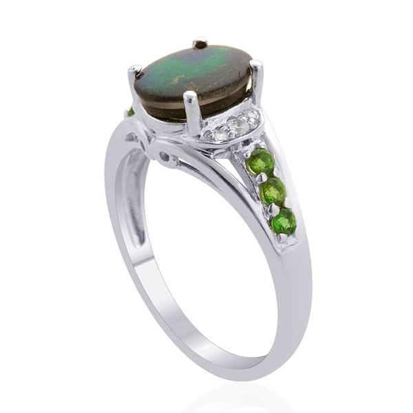 Canadian Ammolite (Ovl 1.50 Ct), Chrome Diopside and White Topaz Ring in Rhodium Plated Sterling Silver 1.750 Ct.