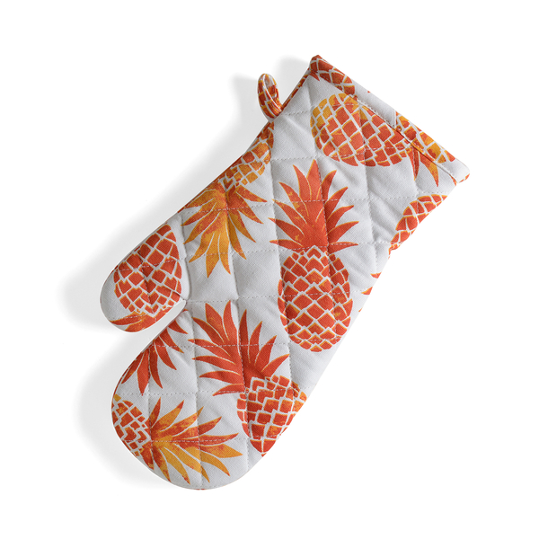 Kitchen Textiles White and Orange Colour Pineapple Printed Apron (Size 75x65 Cm), Glove (32x18 Cm), Pot Holder (Size 20x20 Cm), Kitchen Towel (Size 65x40 Cm) and Bag (45x35 Cm)