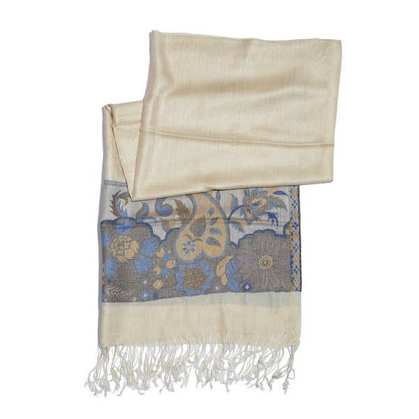 100% Modal Blue and Multi Colour Floral and Leaves Pattern Cream Colour Jacquard Scarf (Size 190x70 Cm)