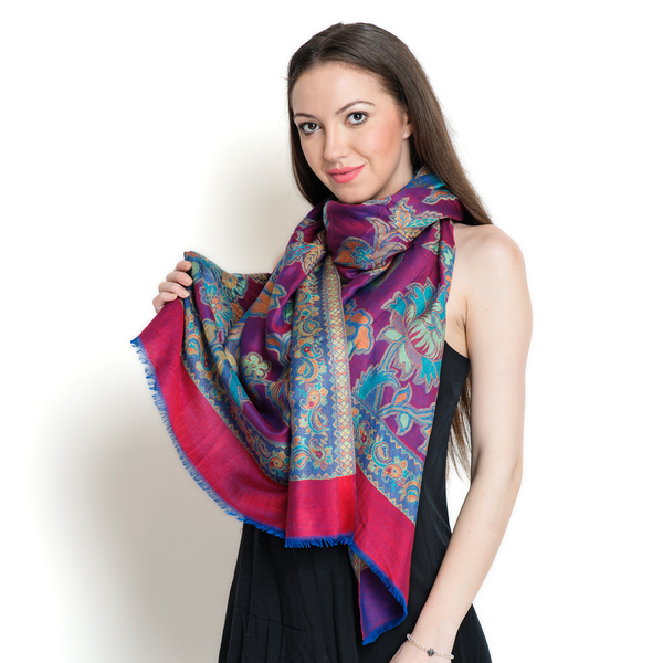 100% Superfine Modal Multi Colour Floral, Leaves and Paisley Pattern Red and Purple Colour Jacquard 