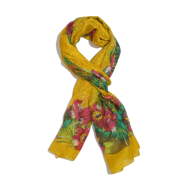 100% Mulberry Silk Yellow, Pink and Multi Colour Handscreen Floral and Leaves Printed Scarf (Size 20