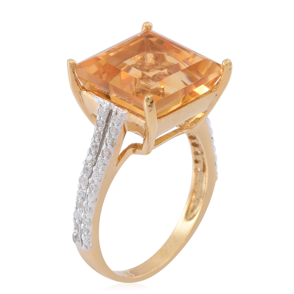 Uruguay AAA Rare Size Citrine (Sqr 10.00 Ct), White Zircon Ring in 14K Gold Overlay Sterling Silver 10.250 Ct.