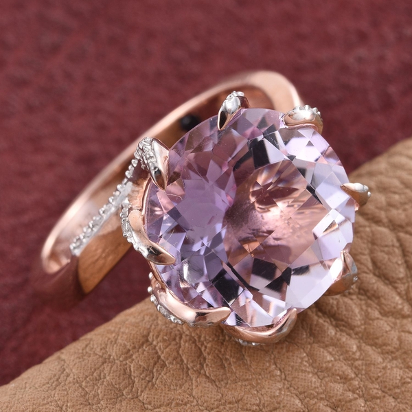 GP Rose De France Amethyst (Rnd 9.10 Ct), Natural Cambodian Zircon and Kanchanaburi Blue Sapphire Ring in Rose Gold Overlay Sterling Silver 9.500 Ct.