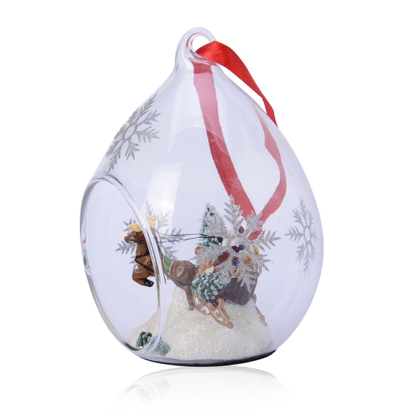 Home Decor Set of 2 - Snowflake Glass Ornament with Santa and Reindeer inside (Size (Size 11x7 Cm)