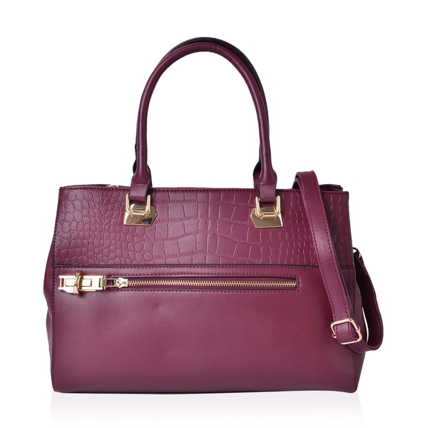 Croc Embossed Burgundy Colour Tote Bag with 2 External Zipper Pockets and Adjustable and Removable S