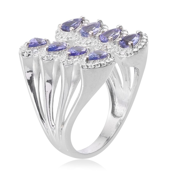 Tanzanite (Pear), Diamond Open Ring in Platinum Overlay Sterling Silver 1.510 Ct.
