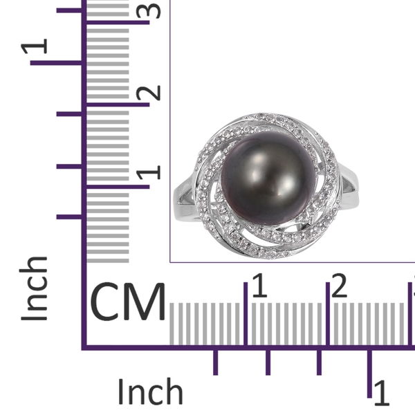 Tahitian Pearl (Rnd 9.5-10mm), Natural White Cambodian Zircon Ring in Platinum Overlay Sterling Silver
