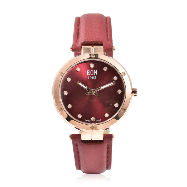 EON 1962 Swiss Movement Wine Red Dial Diamond Studded 5ATM Water Resistant Watch with Wine Red Leather Strap