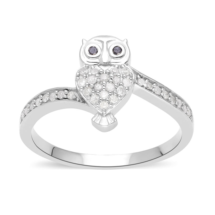 White Diamond & Black Diamond Owl Ring in Platinum Overlay Sterling Silver 0.25 Ct