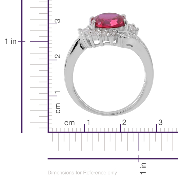 ELANZA AAA Simulated Rubelite (Ovl), Simulated White Diamond Ring in Rhodium Plated Sterling Silver