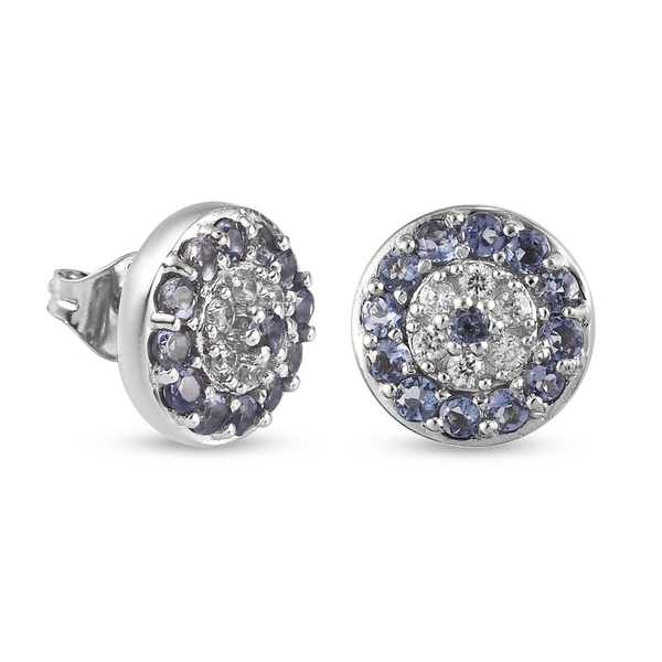 Iolite and Natural Cambodian Zircon Stud Earrings in Platinum Overlay Sterling Silver 1.17 Ct.