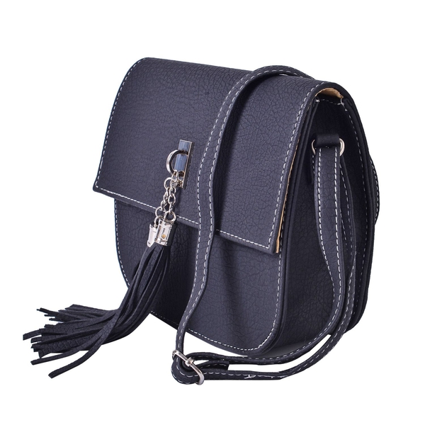Black Colour Crossbody Bag with Adjustable Shoulder Strap with Tassels (Size 20x18x6.6 Cm)