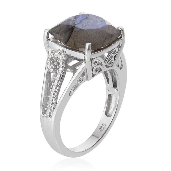 Labradorite (Cush 6.25 Ct), Diamond Ring in Platinum Overlay Sterling Silver 6.260 Ct.