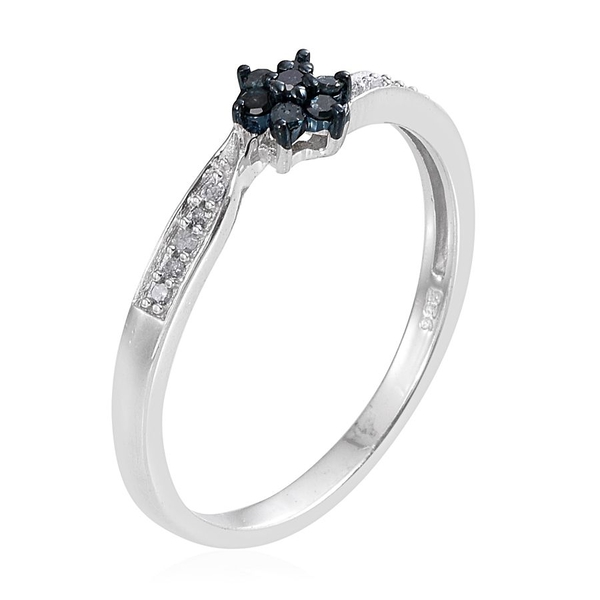Blue Diamond (Rnd), White Diamond Floral Ring in Platinum Overlay Sterling Silver 0.200 Ct.