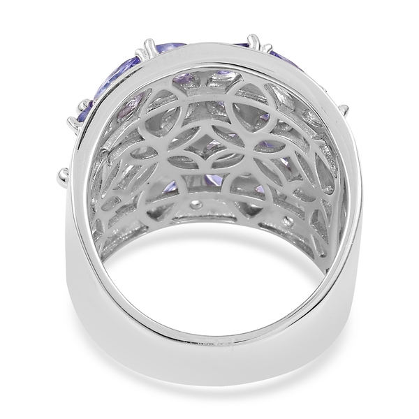 Tanzanite (Mrq), Natural White Cambodian Zircon Flower Ring in Rhodium Plated Sterling Silver 5.540 Ct. Silver wt 12.82 Gms.
