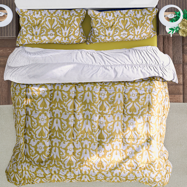 3 Piece Set - Serenity Night Microfiber Digital Printed Comforter (Size 225x220cm) King Size and 2 Pillow Sham (Size 75x50cm) - Mustard & White