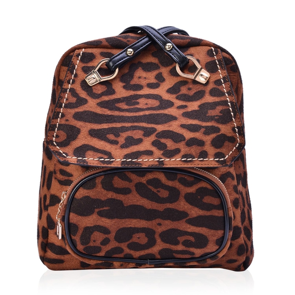 Leopard Pattern Chocolate Colour Multi Function Back Pack with External Zipper Pocket and Adjustable
