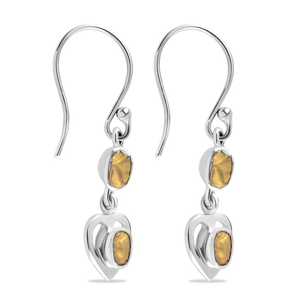 Artisan Crafted Polki Yellow Diamond Heart Earrings (With Hook) in Sterling Silver 0.32 Ct.