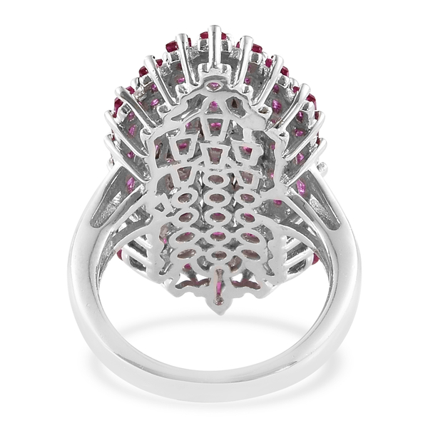 One Time Deal - Designer Inspired Lab Grown Ruby (Round & Taper Baguette) Cocktail Ring in Silver Plated.