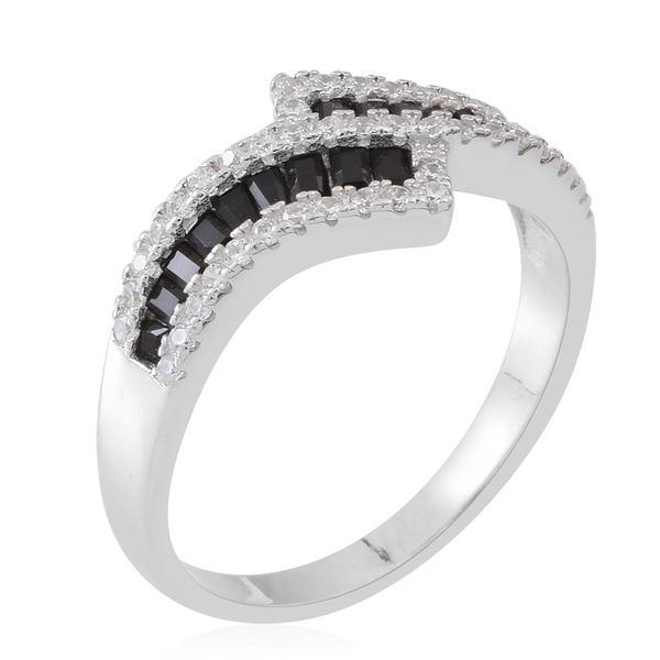 Designer Inspired- ELANZA AAA Simulated Black Diamond (Bgt), Simulated White Diamond Crossover Ring in Rhodium Plated Sterling Silver