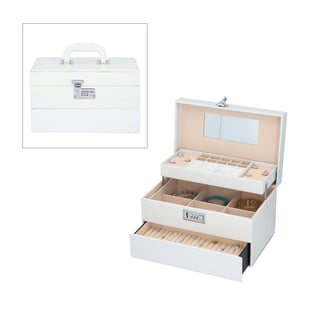  3 Layer Crocodile Skin Pattern Jewellery Box Organiser with Coded Lock and Handle - Off White