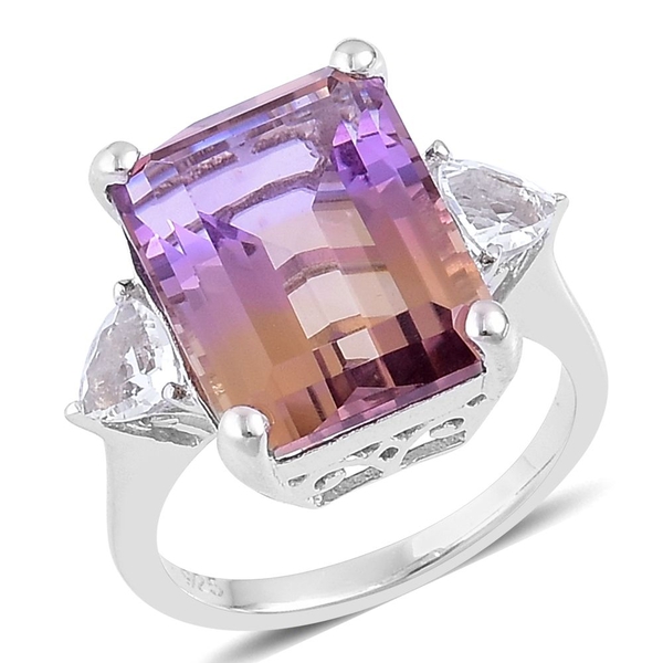 13.80 Ct Anahi Ametrine and White Topaz Trilogy Design Ring in Platinum Plated Silver