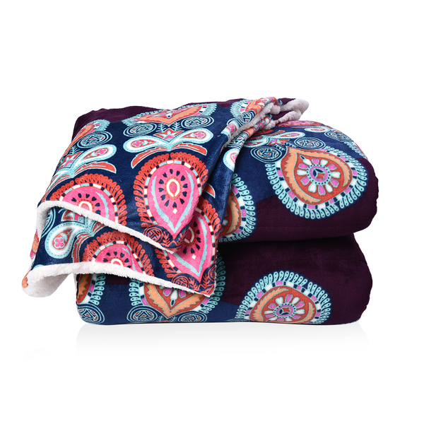 Set of 3 - Microflannel Mandala Printed Comforter in King Size with Sherpa Lining with 2 Sherpa Pillowcases - Purple and Multi Colour - (230cm x 250cm)