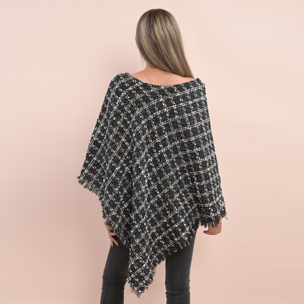 TAMSY Checkered Pattern Tweed Poncho (Size 75x80 Cm) - Black