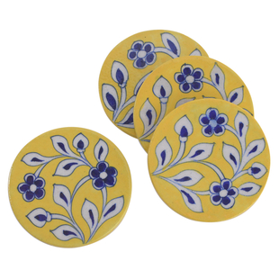 Set of 4 Handprinted Ceramic Coasters - Mustard