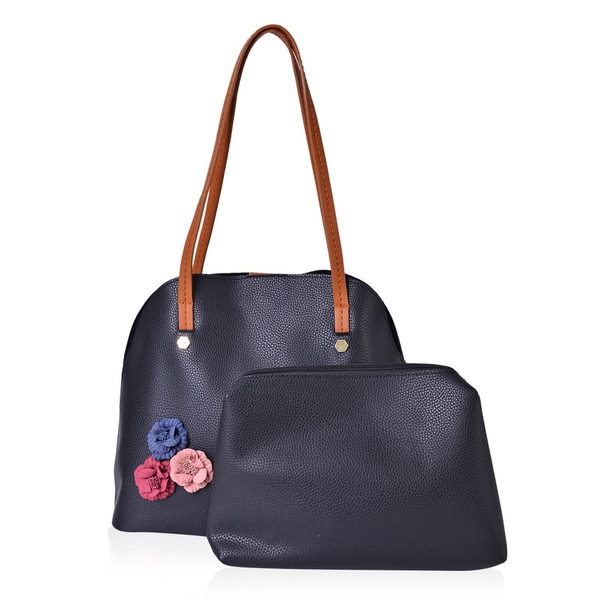 Set of 2 - Multi Colour 3D Flowers Embellished Black Colour Handbag (Size 34X29X15 Cm) and Pouch (Si