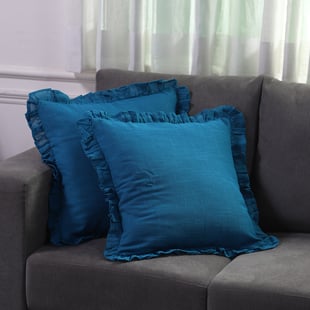 Set of 2  Cottton Linen Solid Cushion Cover with Ruffled Flange - Teal
