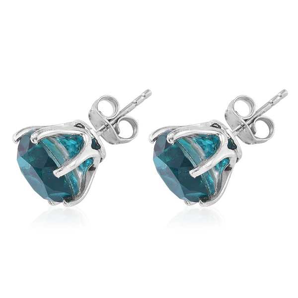 Capri Blue Quartz (Rnd) Stud Earrings (with Push Back) in Platinum Overlay Sterling Silver 8.250 Ct.