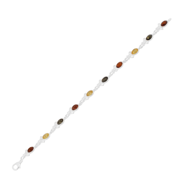 Multi Colour Baltic Amber (Ovl) Bracelet (Size 7.5) in Sterling Silver