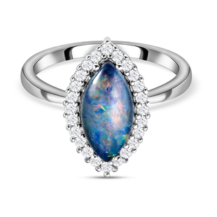 Australian Boulder Opal and Natural Cambodian Zircon Ring in Rhodium Overlay Sterling Silver 1.63 Ct