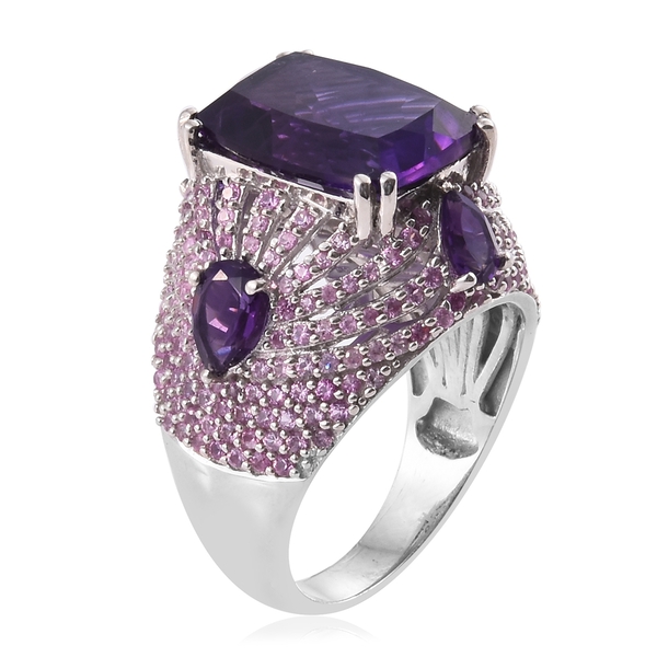 Lusaka Amethyst (Cush 16x12mm10.80 Ct), Pink Sapphire Ring in Platinum Overlay Sterling Silver 15.000 Ct. Silver wt. 9.44 Gms. Number of Gemstones 229