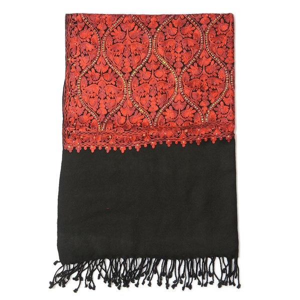 Red Colour Embroidered Black Colour Woolen Shawl (Size 70x200 Cm)