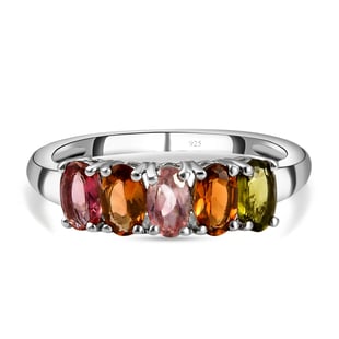 Multi-Tourmaline 5 Stone Ring in Platinum Overlay Sterling Silver 1.10 Ct.