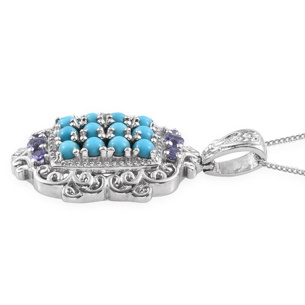Arizona Sleeping Beauty Turquoise (Rnd), Tanzanite Pendant With Chain in Platinum Overlay Sterling Silver 1.650 Ct.